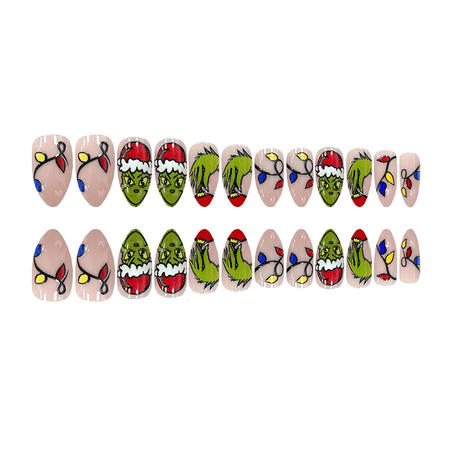 Christmas Press on Nails Short Almond Shaped Fake Nails with Green Monster Designs Full Cover Acrylic Nails Winter False Nails with Designs Cute Xmas Gloss Artificial Nails Nail Decorations for Women