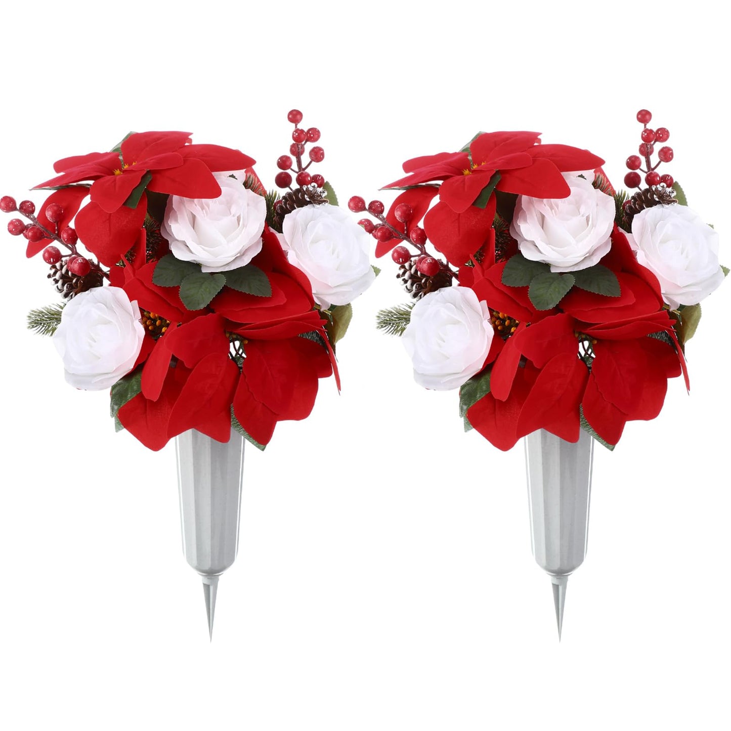 Yuxung 2 Pcs Artificial Christmas Cemetery Flowers with Vase Faux Memorial Flowers with Red Berries White Roses Poinsettia Cemetery Headstones Decoration Bouquet for Grave, Graveyard, Memorial Day