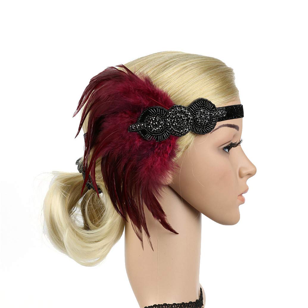 Women's Flapper Feather Headband 1920s Art Deco Roaring 20s Great Gatsby Headpiece Gatsby Costume 22Wine Red