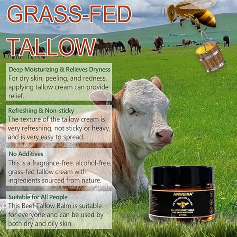 Beef Tallow for Skin, Tallow and Honey Balm for face, Organic Grass-Fed Beef Tallow Balm with Raw Honey, Tallow Face Moisturizer, Natural Moisturizer, for All Skin Types (2 Oz, Citrus Flavor)