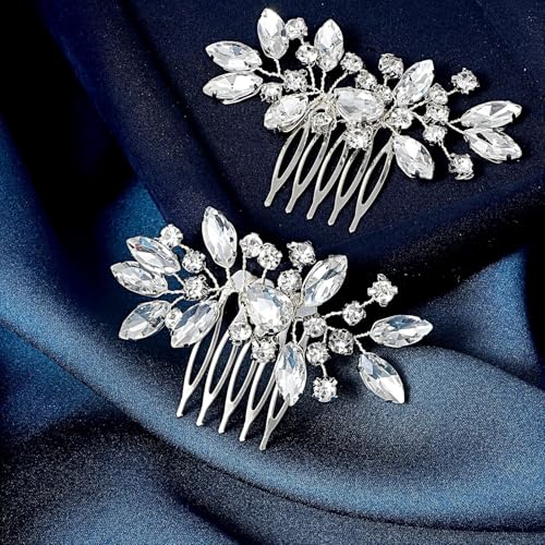Bridal Hair Comb Rhinestone Silver Flower - 2 Pack Wedding Headpiece