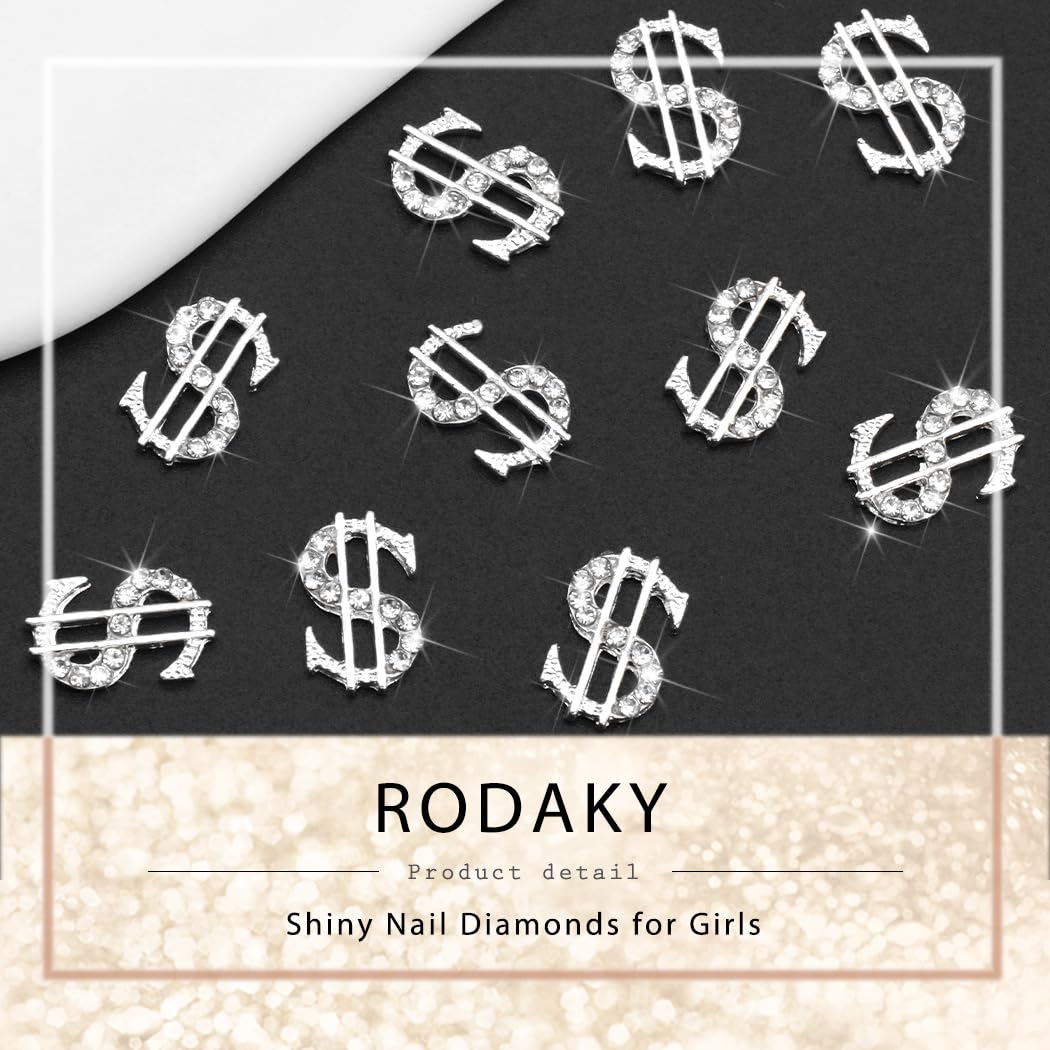 RODAKY 10PCS Silver Dollars Nail Charms 3D Money Sign Charms Shiny Nail Jewelry Luxury Nail Gems Rhinestone for Acrylic Nails Manicure DIY Decoration Accessories for Women and Girls