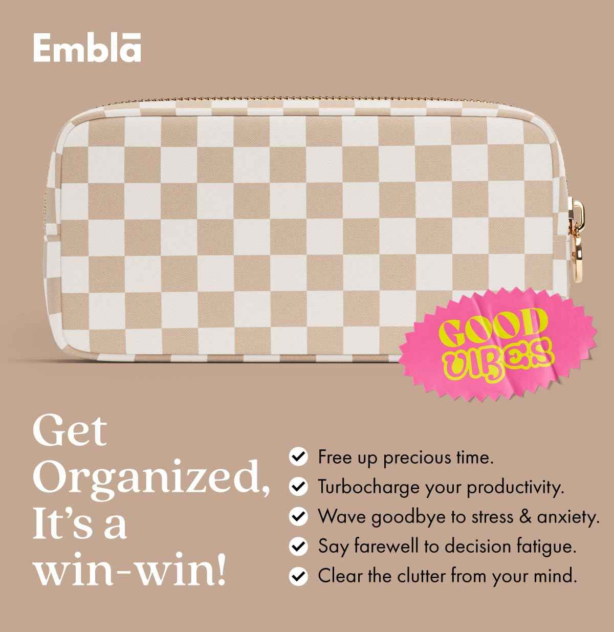 Embla Makeup Bag Travel Cosmetics Pouch and Toiletry Bag, Nylon Zipper Pouch Purse, Cute Make Up Organizer Storage Tote for Women Girls, Travel Skincare Case, Small Makeup Case, Sand Checkered