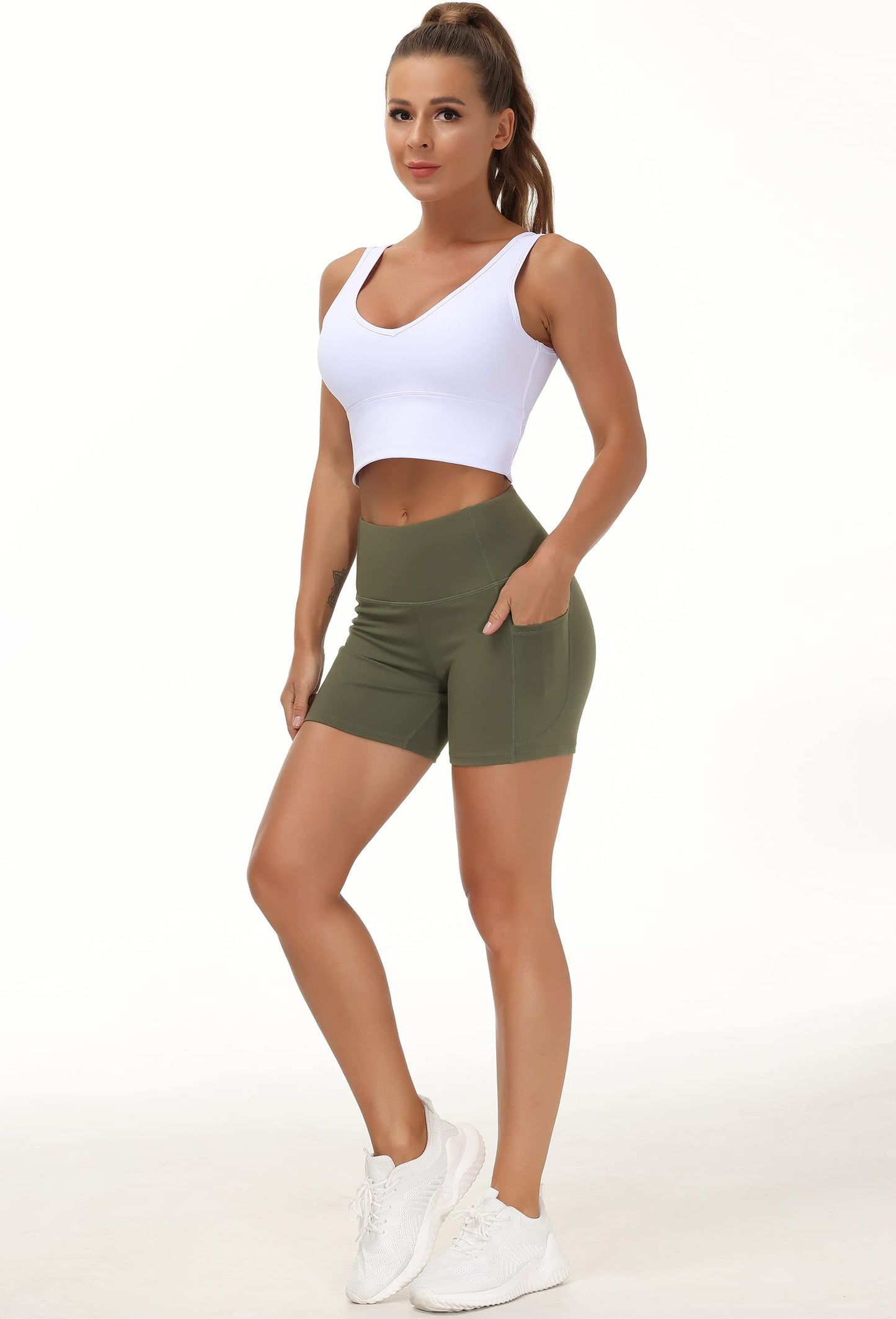 THE GYM PEOPLE High Waist Yoga Shorts for Women's Tummy Control Fitness Athletic Workout Running Shorts with Deep Pockets (Small, Olive Green)