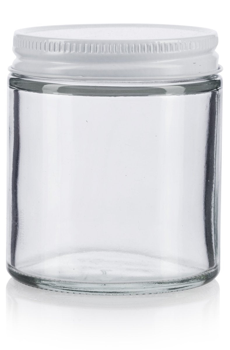 JUVITUS Clear Thick Glass Straight Sided Jar with White Metal Airtight Lid - 4 oz / 120 ml (12 pack) BPA Free Refillable Empty Storage Containers