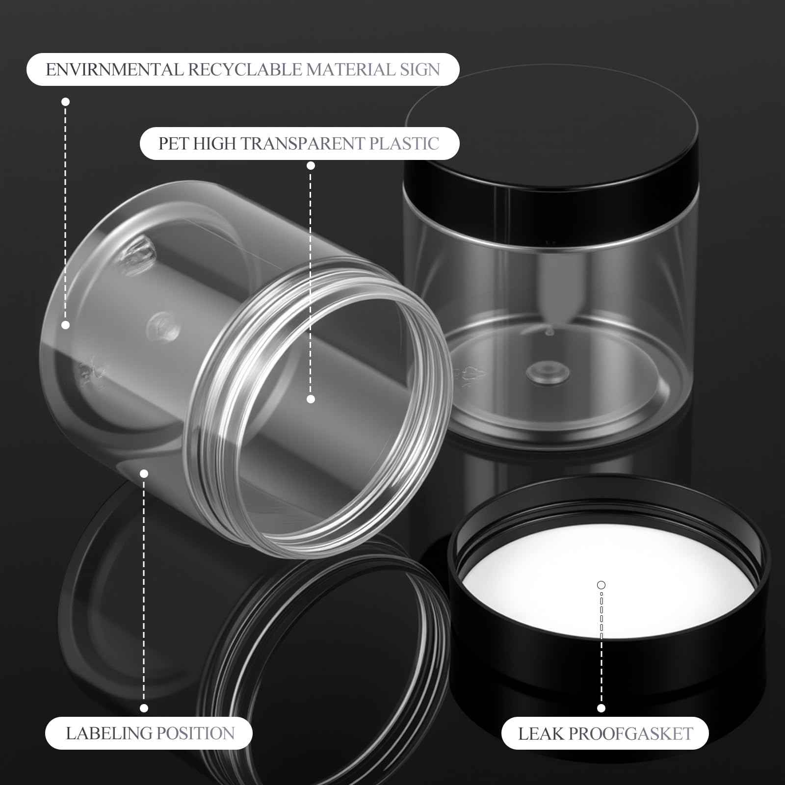 Patelai 60 Pcs Plastic Container Jars with Lids Round Clear Travel Cosmetic Container Jars for Toiletries, Lotion, Cream, Ointments, Makeup, Rhinestone, Samples, Kitchen Storage(Black,10 oz)