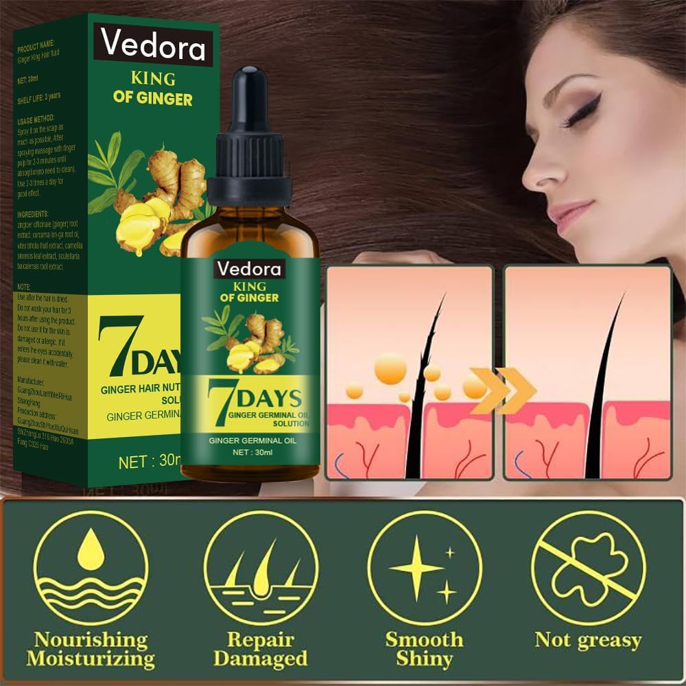 Vedora Ginger Oil for Hair Growth - Promotes Strong, Thick, Long Hair with Essential Ginger Serum - For Men & Women - 5.25 Fl Oz / 150ML (5pc)