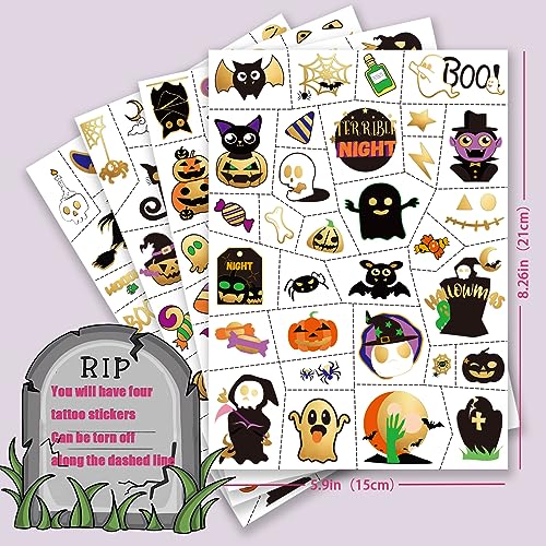 Halloween Temporary Tattoos For Kids Pumpkin, Ghost, Witch Halloween Party Favors for Boys or Girls- 126 pcs Golden Goodies Waterproof Fake Tattoos For Kids 6 7 8 9 10 11 12 years old