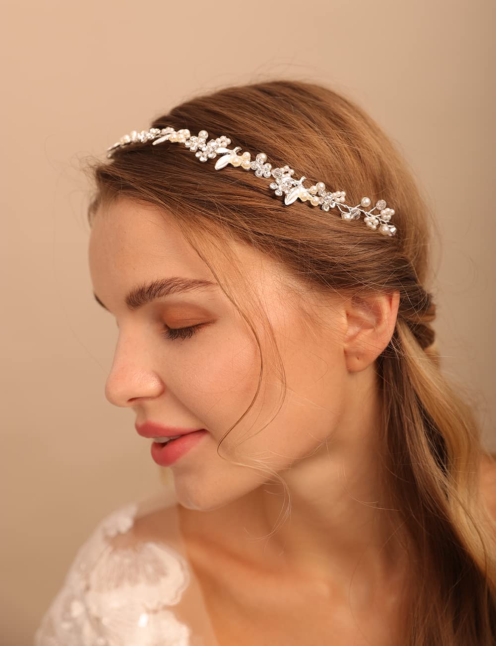 Jumwrit Flower Leaf Bridal Hairband Rhinestone Crystal Wedding Hairpiece for Women Girls Dainty Pearl Bridal Hair Accessories for Bride Bridesmaid