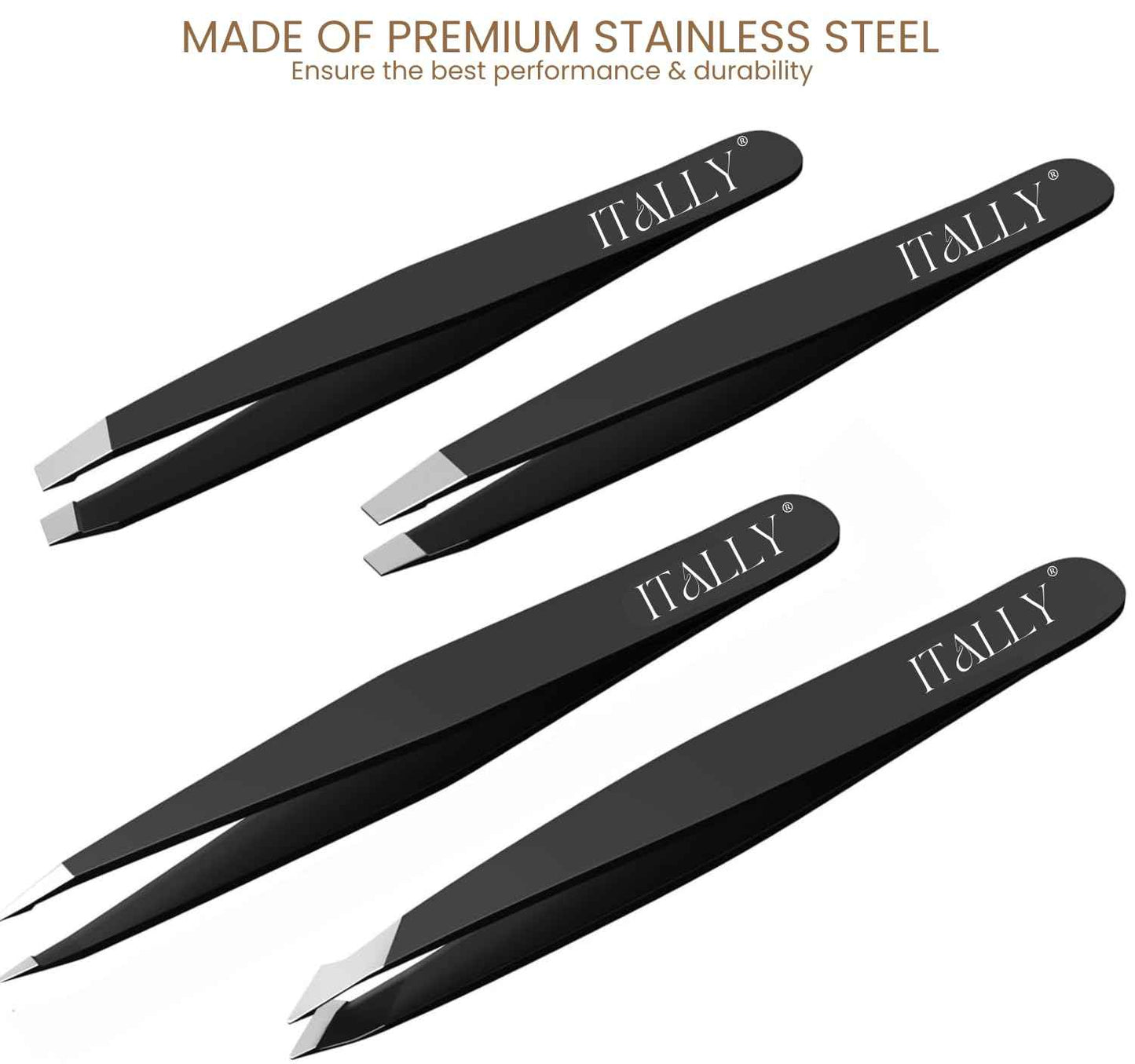 ITALLY Tweezers Set - Professional Eyebrow Tweezers - Stainless Steel Best Precision Tweezers for Women Facial Hair, Splinter, Blackhead & Ingrown Hair Removal, 4Pcs (Black)