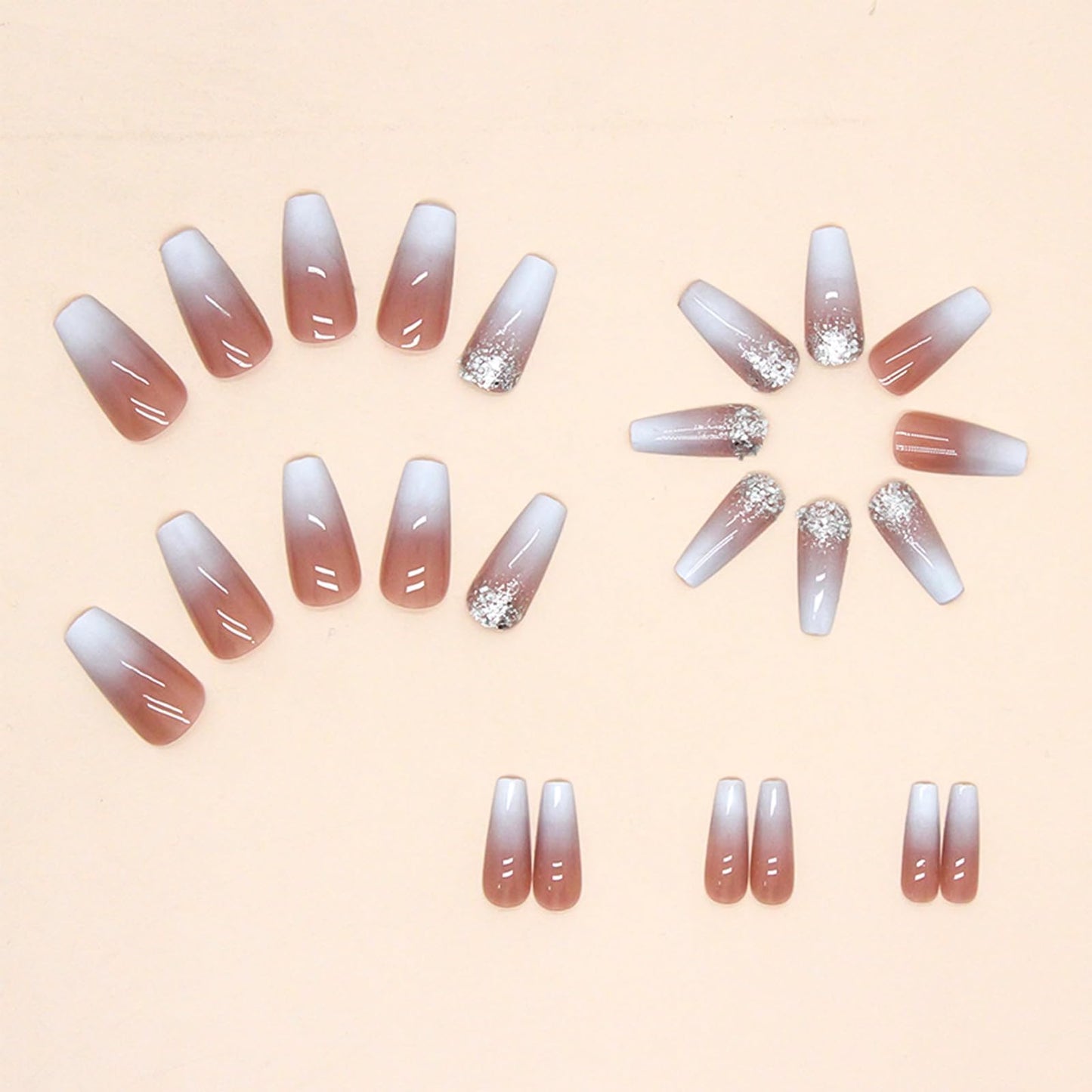 FOAMEE Ombre Press on Nails Medium Coffin Bling Fake Nails with Sequins Designs Acrylic Glossy False Nails for Women