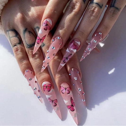 DOUBNINE Stiletto Press On Nails Long Pink Butterfly Rhinestone Acrylic False Nails with Glue Ballerina Gradient Luxury Full Cover Stick On Nails for Women