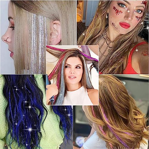 LOMIMOS 12pcs Colorful Hair Tinsel Clip, Sparkle Shiny Highlight Synthetic Extension Strand with Clip On Hair for Party Dazzle Christmas New Year Halloween Festival Cosplay Women Girl Kid 19.7”