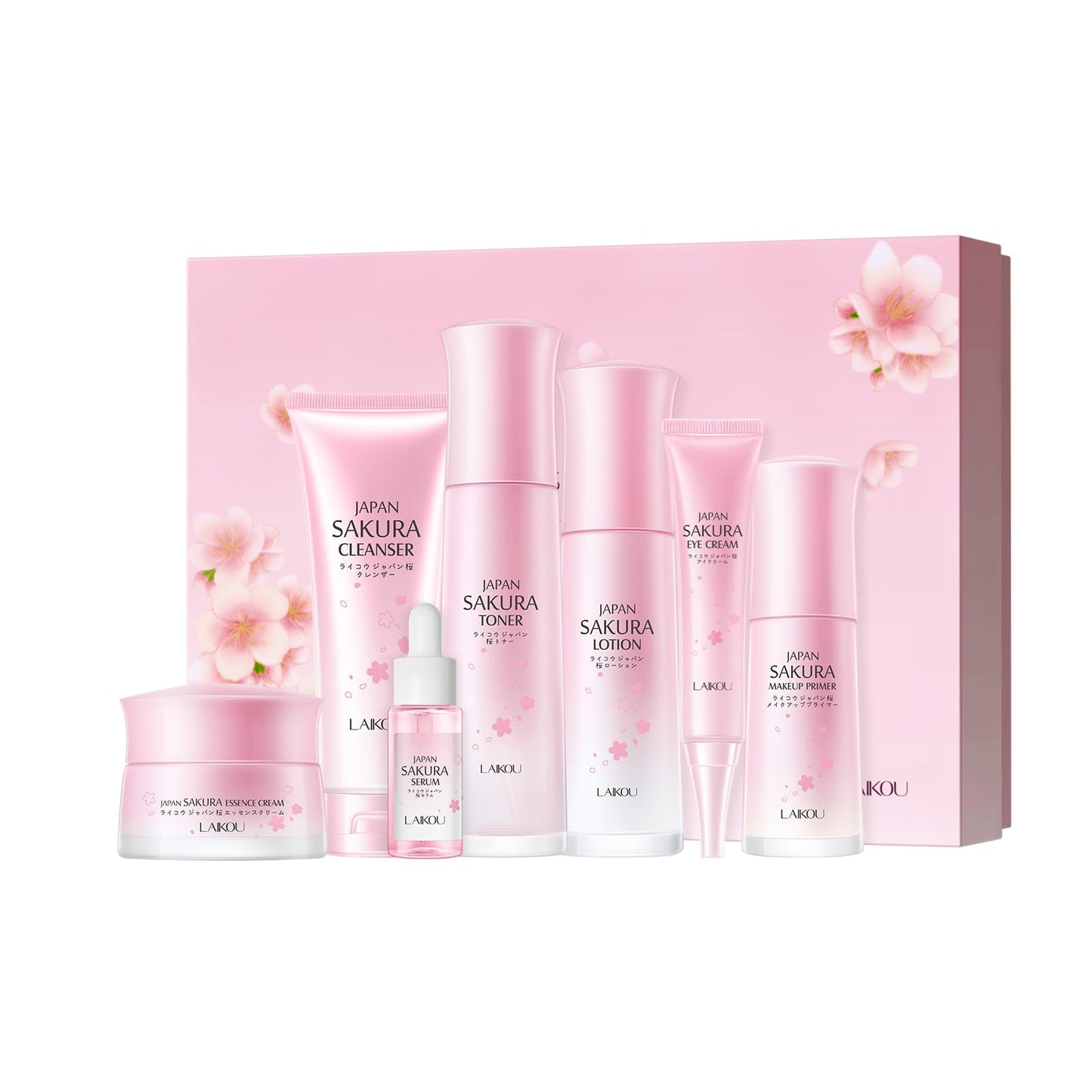 Skin Care Set JAPAN SAKURA Beauty Gift Sets Skin Care Kit with Cleanser, Toner, Lotion, Serum, Eye Cream, Face Cream, Make up Primer Travel Kit for Women Wife Mom 7pcs