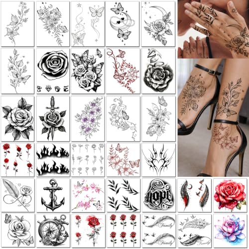34 Sheets Flower Temporary Tattoos for Women - Waterproof