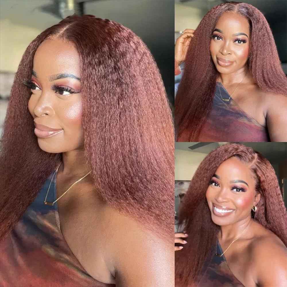 Color 33 Reddish Borwn Yaki Human Hair Bundles Copper Red Yaki Straight Bundles 10 10 10 Inch Double Weft Brazilian Virgin Reddish Brown Kinky Straight Human Hair Extensions