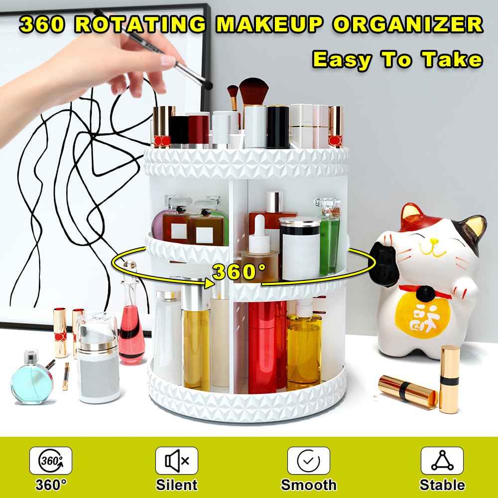 Famitree 360 Rotating Makeup Organizer, DIY Adjustable Makeup Carousel Spinning Holder Storage Rack, Large Capacity Vanity Organizer Skincare Organizers (White)