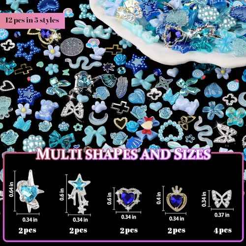 650pcs Mixed 3D Nail Charms Kit, 12pcs Luxury Metal Nail Rhinestones and 250pcs Resin Butterfly Flower Star Heart Bow Charms with 400pcs Flatback Pearls Rhinestone Metal Gems Charm (Blue)