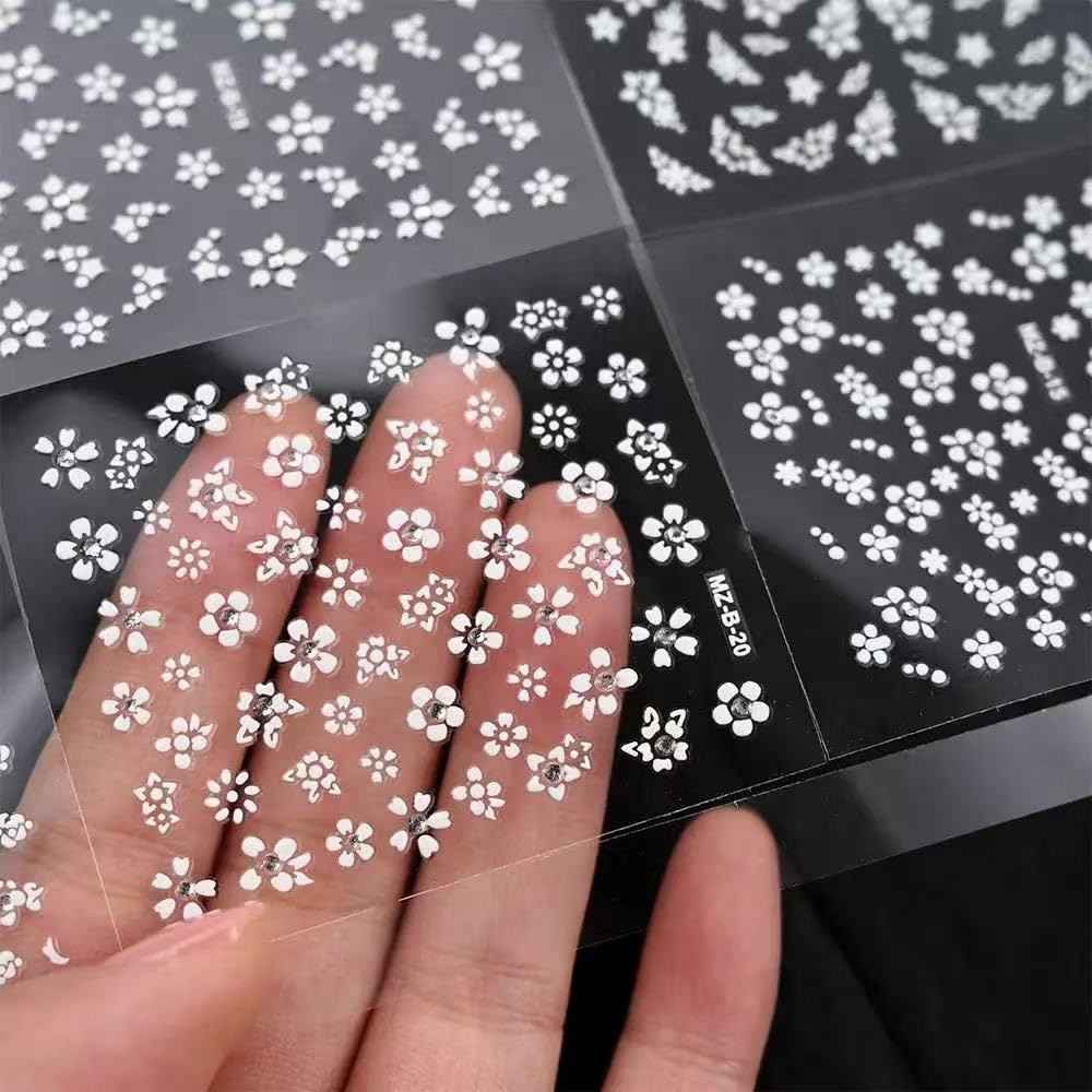 White Flower Nail Art Stickers White Flower with Rhinestones Nail Decals 3D Self Adhesive Nail Stickers Nail Art Designs Flowers Sticker for Nails Decorations 30 Sheets