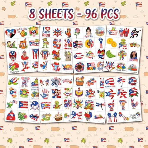 96PC Puerto Rico Temporary Tattoos for Kids | Waterproof Party Favors