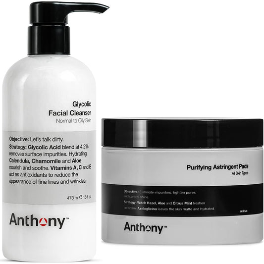 Anthony Glycolic Facial Cleanser, Normal to Oily Skin, 16 Fl Oz Purifying Astringent Toner Pads, 60 Count