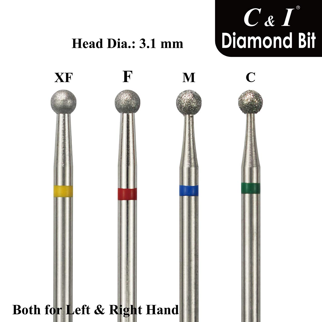 C & I Diamond Nail Drill Bit, Ball Shape Head E-File, Professional Cuticle Clean Drill Bit, Improved Diamond Powder plus Tungsten Carbide Shank 3/32” (2.35 mm) (3.1 mm, Coarse -C)