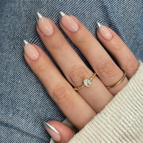 SXVME Almond Sliver Chrome French Tip Press On Nails with Glue Kit, 24 Nails in 12 Sizes