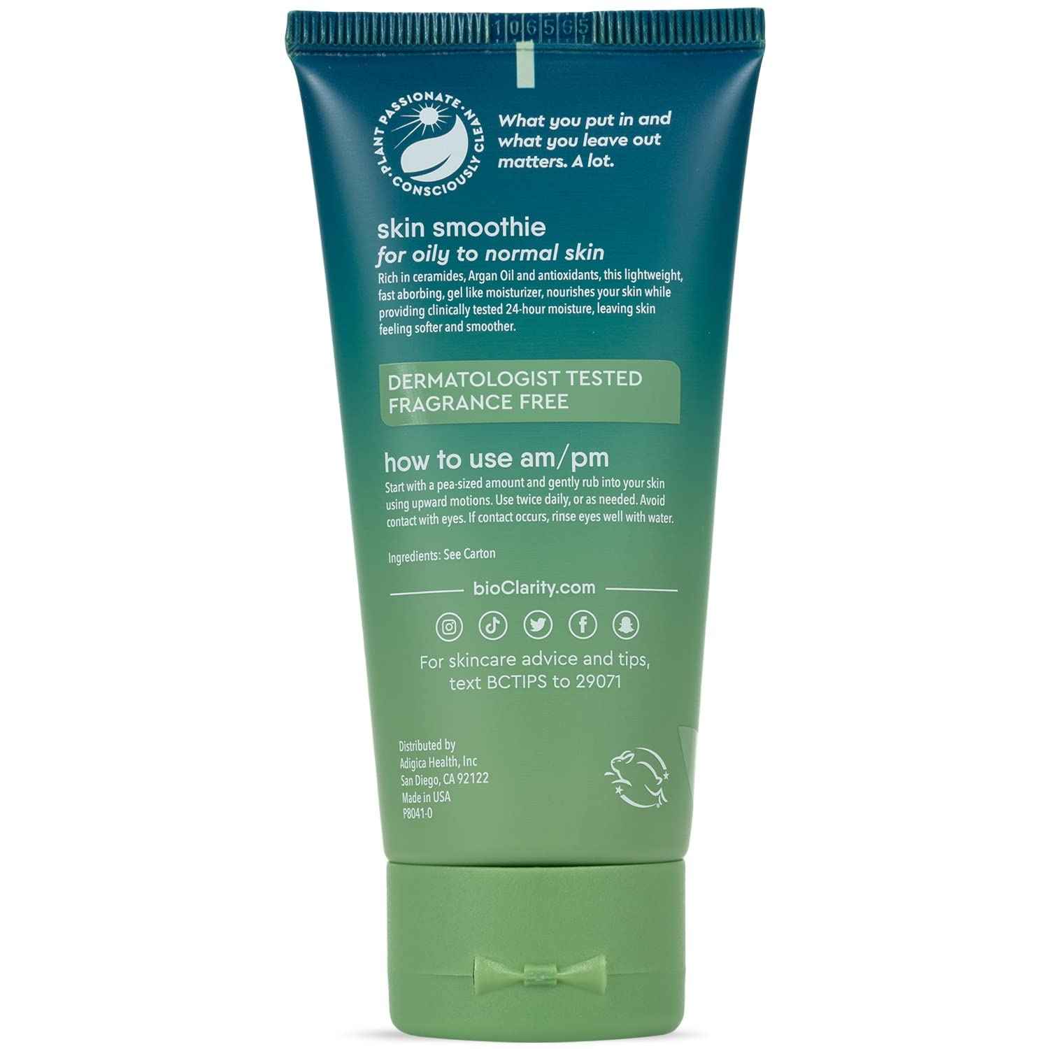 BioClarity Skin Smoothie Gel Moisturizer, 24-Hour Hydration for Normal & Oily Skin, Vegan Formula with Olive, Argan, Ceramide, 2 Fl Oz, Pack of 2