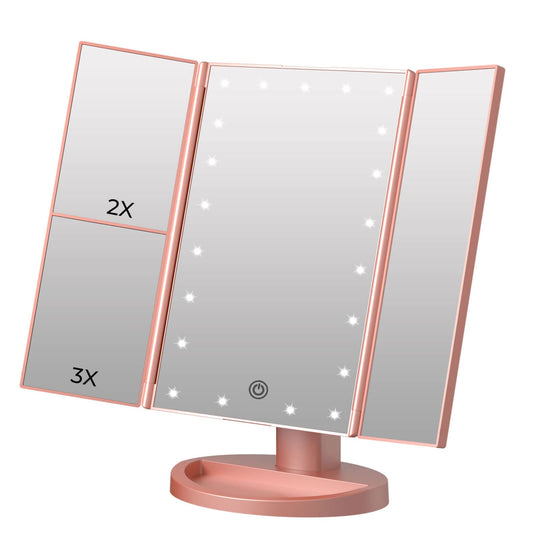 FUNTOUCH LED Lighted Makeup Vanity Mirror with 21 LED Lights, 10X/3X/2X/1X Magnifying Tri-fold Makeup Mirror with Touch Screen,Dual Power Supply,180° Adjustable Rotation,Countertop Cosmetic Mirror