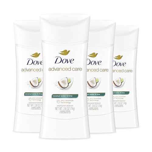 Dove Advanced Care Antiperspirant Deodorant Stick Coconut Water & Lime scent 4 Ct for helping skin barrier repair after shaving 72H odor control & all-day sweat protection for soft underarms 2.6 oz
