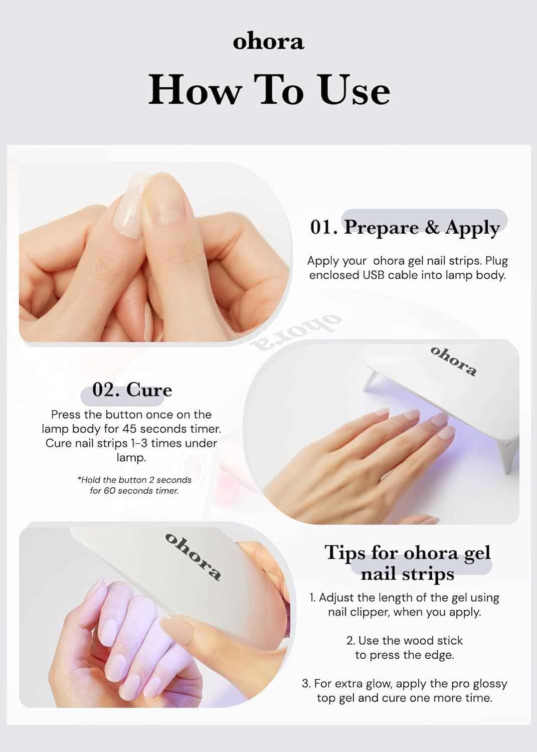 ohora Care LED Lamp for Semi Cured Gel Nail Strips - 6W Max, 2 Timers (45s / 60s), Portable Lamp for Curing Gel Nail Art, For Gel Stickers and Strips Only