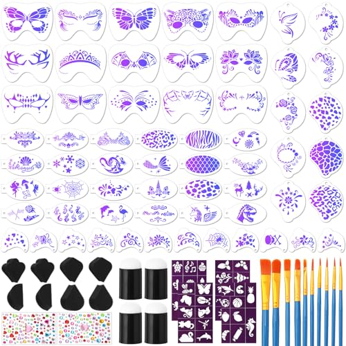 Thenshop 89 Pcs Face Paint Stencils Kits Includes 61 Reusable Facial Painting Stencils with 6 Stickers 12 Face Paint Sponges 10 Painting Brushes Tattoo Templates for Party Adults Makeup