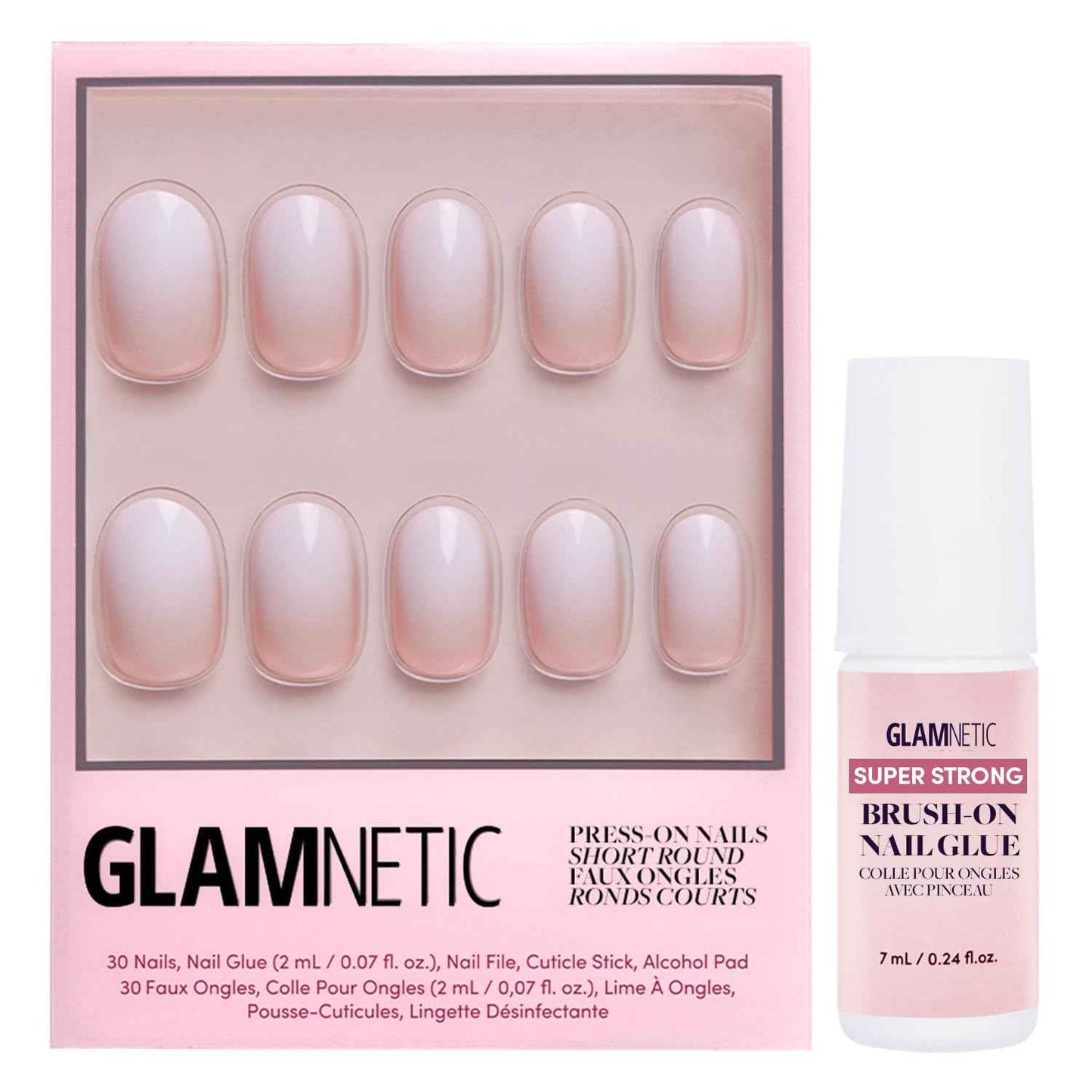 Glamnetic Press On Nails & Brush On Nail Glue Bundle - Creamer | Neutral Ombre Short Round Nails, Reusable | 15 Sizes - 30 Nail Kit with Glue
