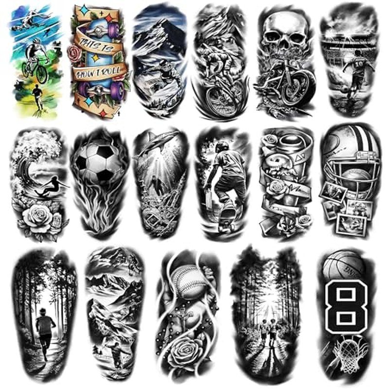 Sport Temporary Tattoos for Adult Kids, 77 Sheets Black Fake Tattoo Realistic and Waterproof, Basketball Football Skiing Tattoo Design for Sports Enthusiast, Large Tattoos Temporary for Men Women