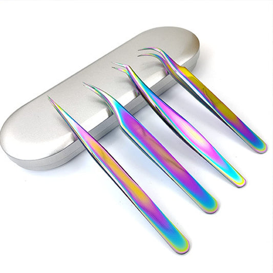 Fastbird Eyelash Extension Tweezers 4 PCS with Storage Case, Stainless Steel Rainbow Colored Tweezers for Lash Extension Supplies Kit