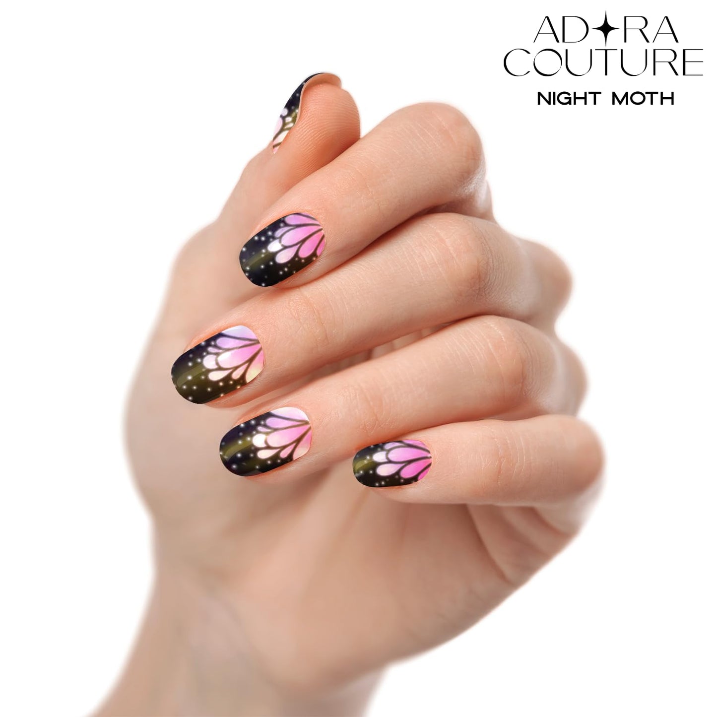 ADORA COUTURE Semi Cured Gel Nail Strips Kit | 20pcs Uv Gel Nail Stickers with Uv Light | Holo Black Butterfly Nail Wraps | Gel Stickers for Nails Uv Light (Night Moth)