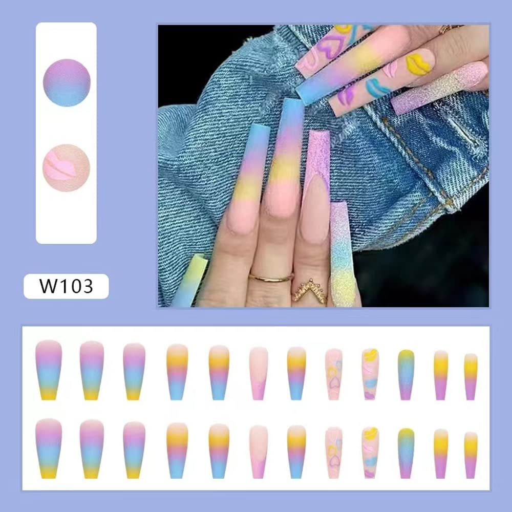 Magrace Long Square Press on Nails Fake Nails French Tips False Nails with Designs Rhinestone 24 pcs Stick on Nails for Women