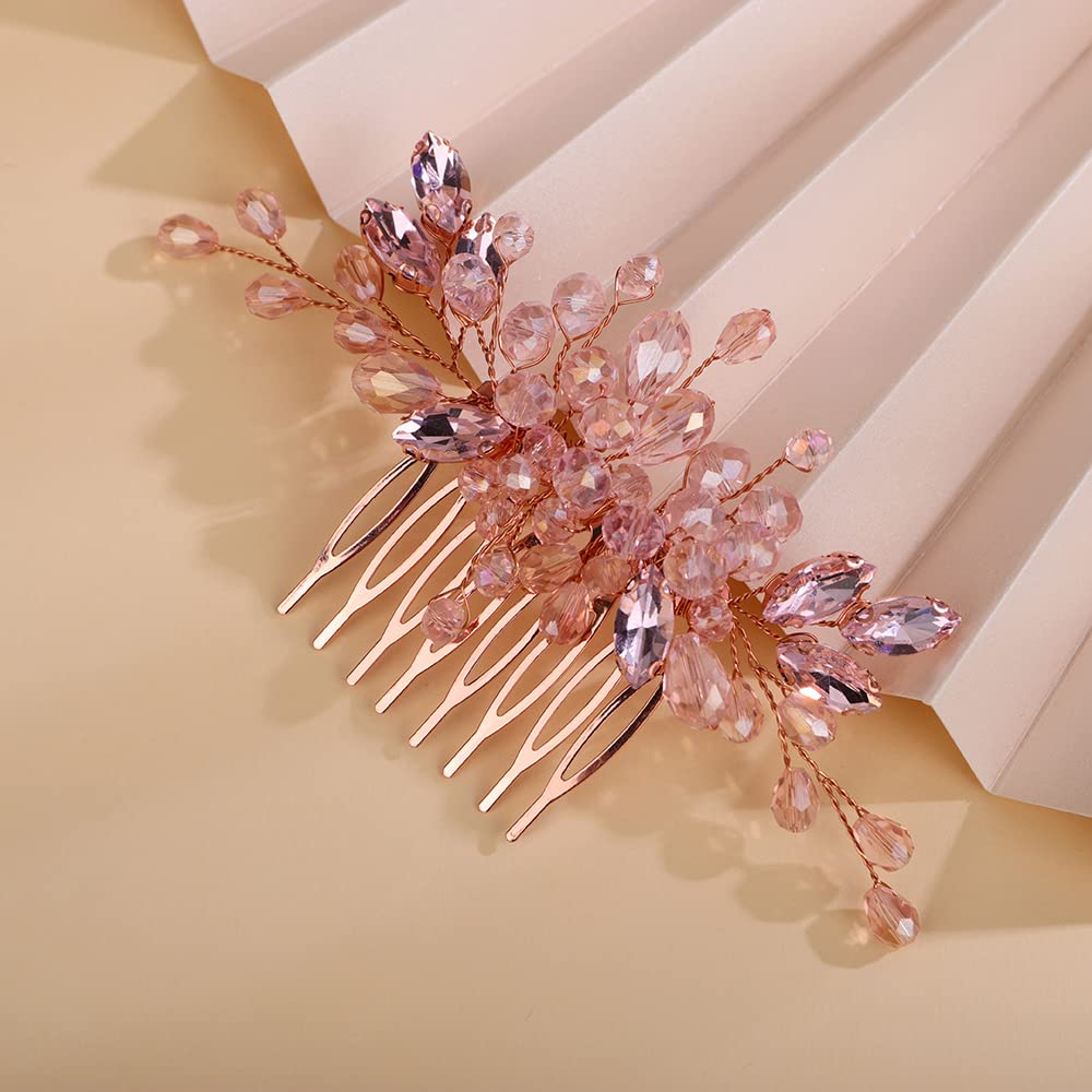 Teyglen Dainty Simple Full Rhinestones Hair Comb Pink Rose Gold Bride Wedding Hair Comb Luxurious Shiny Crystal Bridal Side Hair Pieces Hair Accessories for Women Girls (Pink)