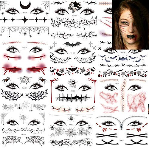 Day of the Dead Temporary Tattoos - 12 Sheets Halloween Face Stickers