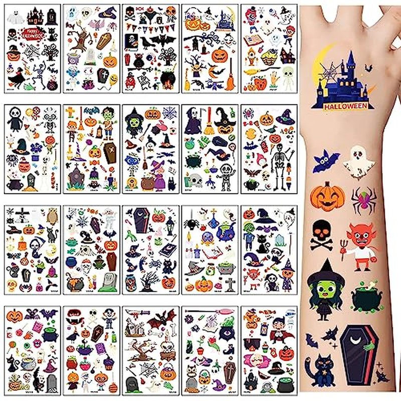 360PCS Halloween Temporary Tattoos for Kids, Halloween Face Fake Tattoo Body Stickers Decorations, Face Makeup Assorted Prizes Goody Bag Stuffers Party Favors Supplies Decor Pumpkin Witch Skull Adult