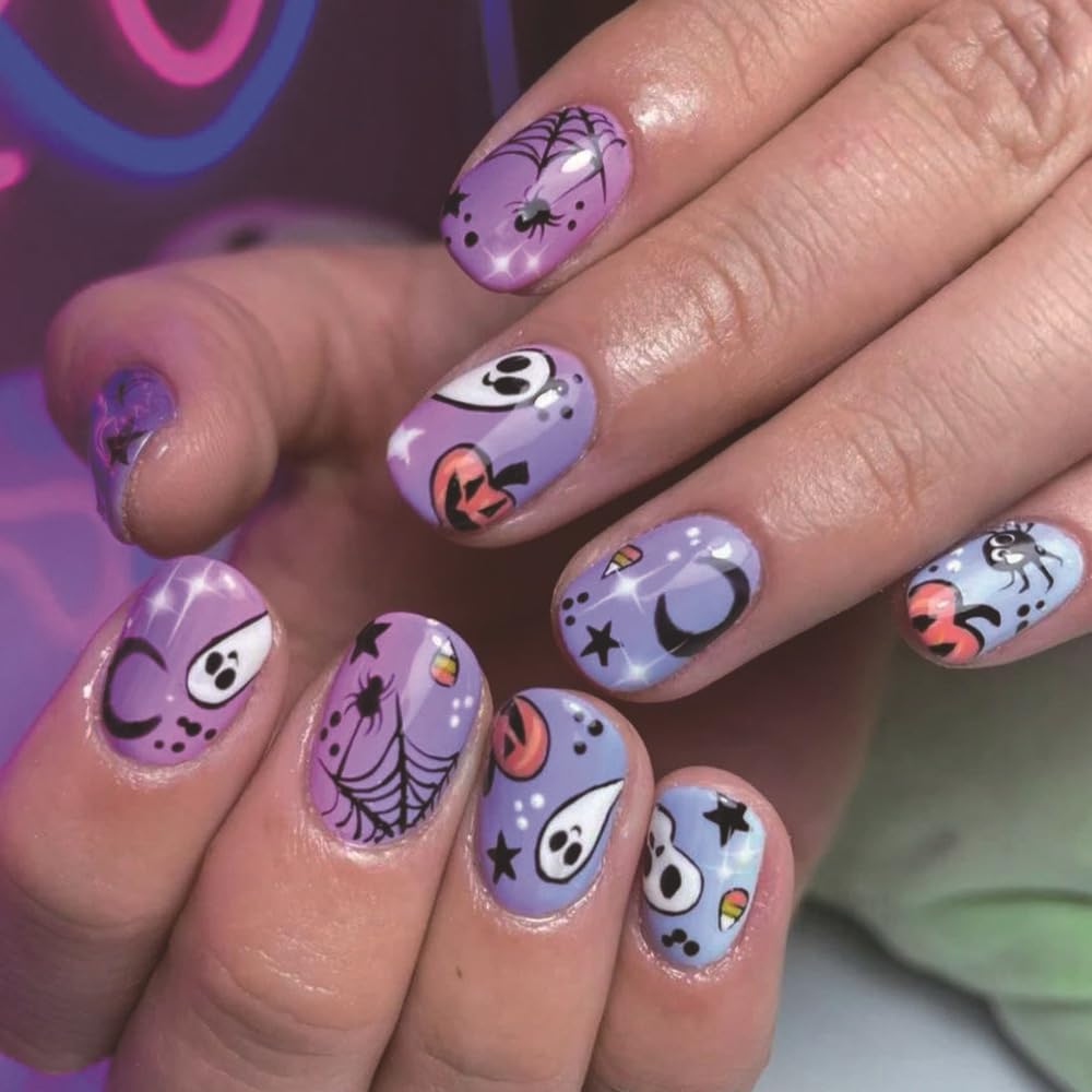 24Pcs Halloween Press on Nails Short Purple Square Fake Nails Full Cover Acrylic Nails Pumpkin Press on Nails with Star Moon Design Spider Ghost Halloween False Nails Glossy Stick on Nails for Women