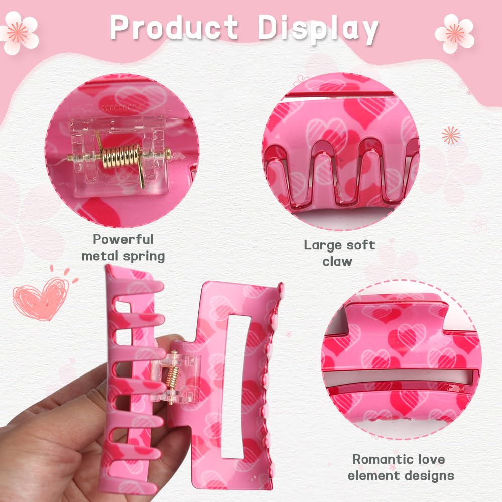 Valentine Pink Heart Hair Claw Clips for Women French Tip White Heart Large Hair Clips for Thick Hair Hair Barrettes Accessories Valentine's Day Hair Clamp Decorations Gift for Girls