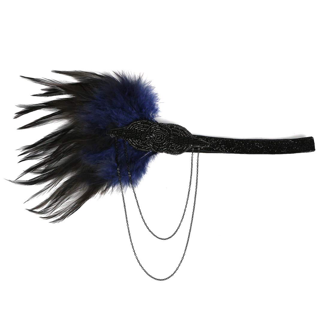 Lovfingu Women's 1920s Great Gatsby Headband Vintage Feather Flapper 20s Headpiece Vintage Party Hair Accessories21Blue