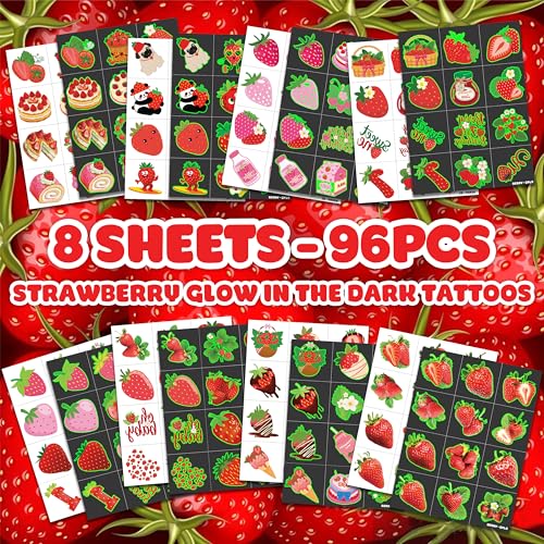 96 Pcs Strawberry Glow in Dark Temporary Tattoos for Kids