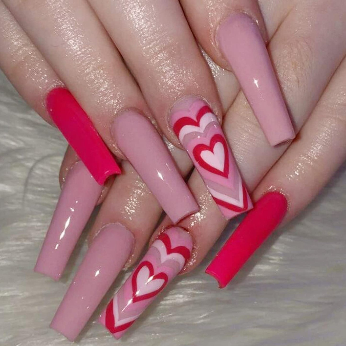 24 Pcs Valentine?™s Day Press on Nails Long Fake Nails Coffin Shaped Glue on Nails Glossy Heart Design False Nails Red Pink Valentines Heart Acrylic Nails for Women and Girls