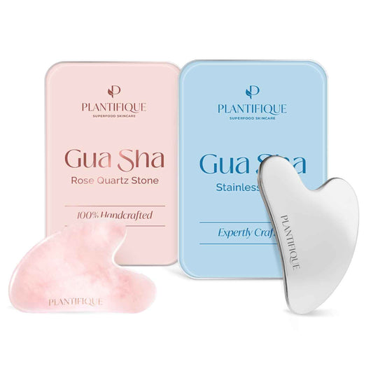 PLANTIFIQUE Gua Sha Rose Quartz Tool for Face Anti Aging Massage Tool and Stainless Steel Gua Sha Facial Tool, Skin Massage Tool for Face, Body, Eyes, Neck, Heart Style with Travel Pouch, Skin Care