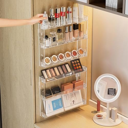 3 Layers Makeup Organizer Wall Mounted, Acrylic Invisible Floating Shelves with Anti-Slip Adhesive Backing, Sunglasses Display Rack, Nail Polish Storage, Clear (2 Pack)