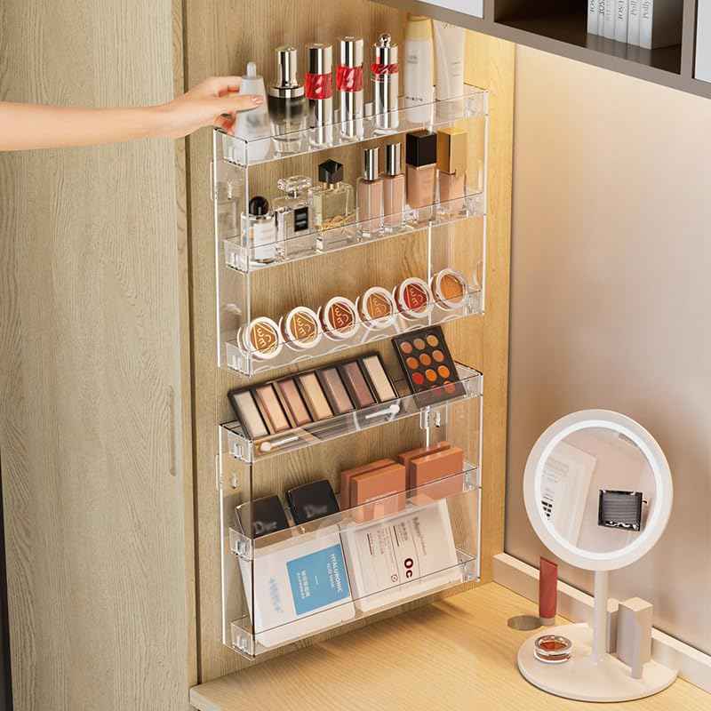 YIEZI 3 Layers Makeup Organizer Wall Mounted, Acrylic Invisible Floating Shelves with Anti-Slip Adhesive Backing, Sunglasses Display Rack, Nail Polish Storage, Clear (2 Pack)