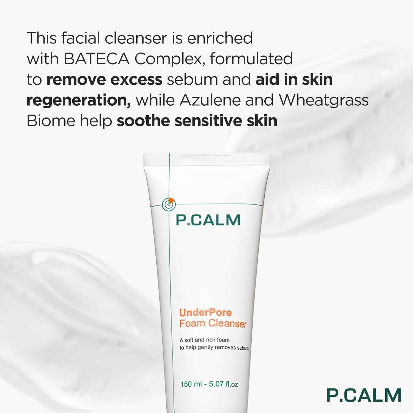 P.CALM Underpore Foam Cleanser – Azulene for Deep Pore Cleansing, Blackhead & Whitehead Removal, Korean Vegan Facial Wash for Sensitive Skin (250ml / 8.45 fl.oz)