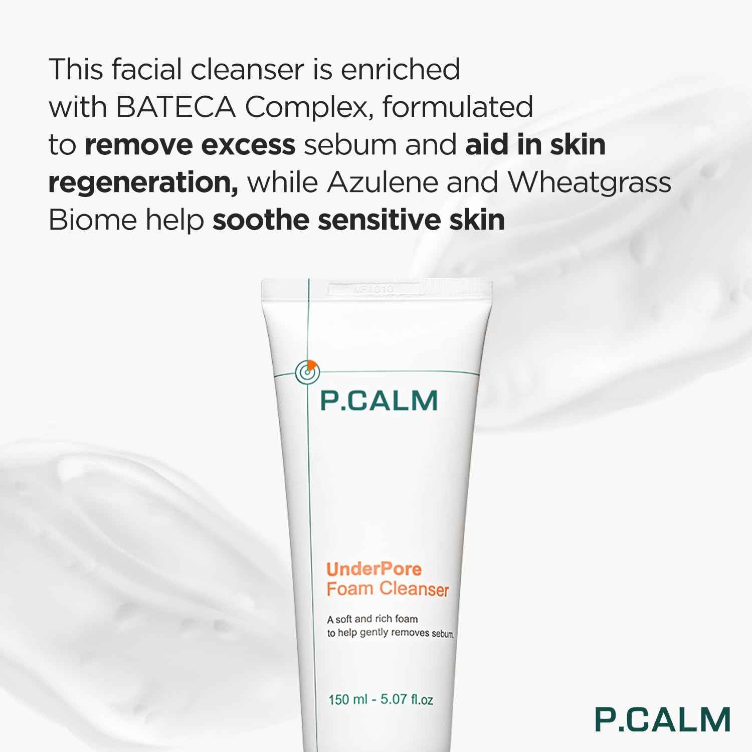 P.CALM Underpore Foam Cleanser – Azulene for Deep Pore Cleansing, Blackhead & Whitehead Removal, Korean Vegan Facial Wash for Sensitive Skin (250ml / 8.45 fl.oz)